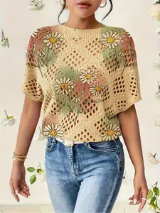 Women's Daisy Flower Colorblock Print Round Neck Sweater, Casual Chic Batwing Sleeve Knit Top, Comfortable Warm Spring Fall Wear