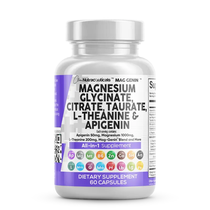 Clean Nutraceuticals Magnesium, Glycinate, Citrate Taurate, L-Theanine, Apigenin, Magnesium & More for Sleep Vitamin Dietary Supplement Capsules - Mag Genin