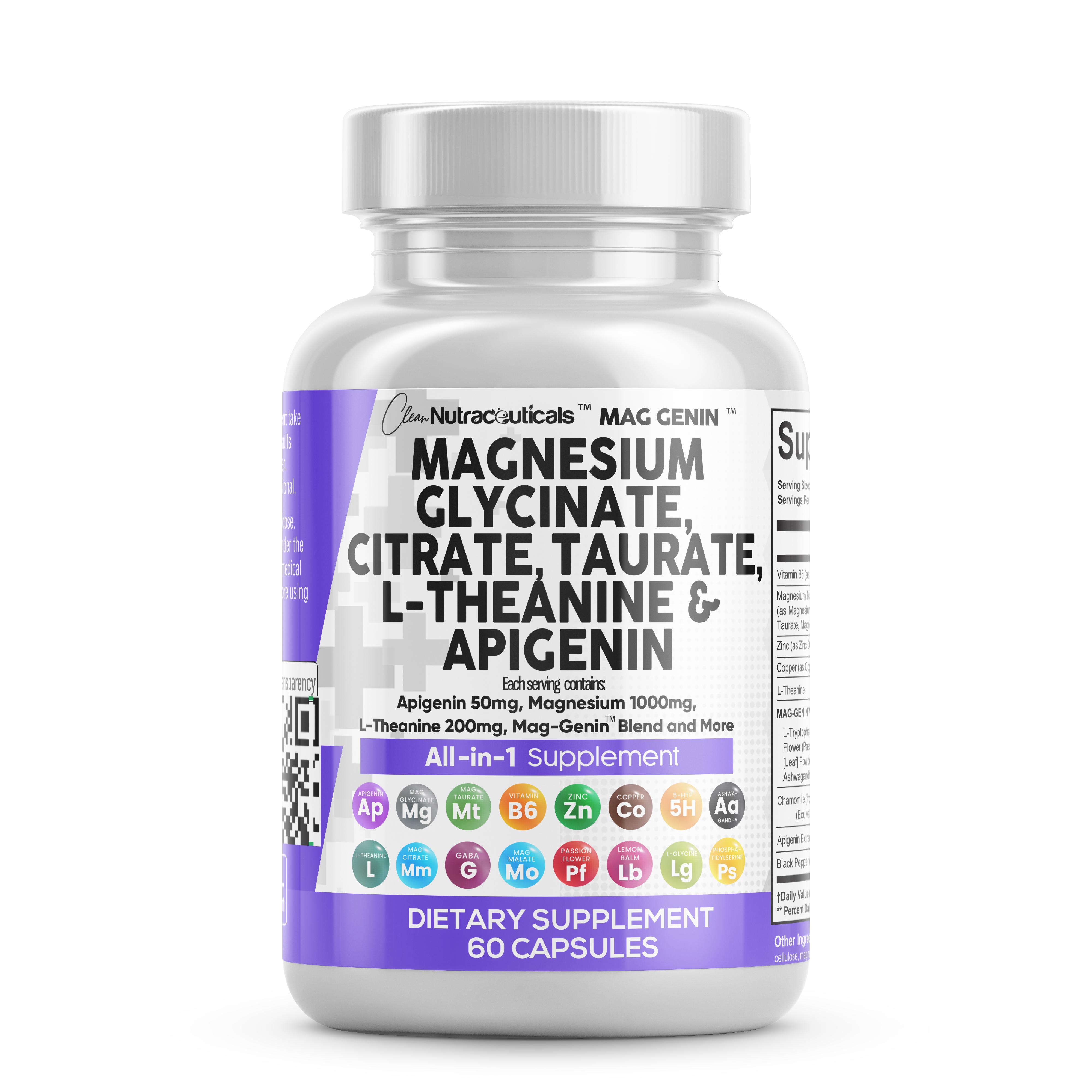 Clean Nutraceuticals Magnesium, Glycinate, Citrate Taurate, L-Theanine, Apigenin, Magnesium & More for Sleep Vitamin Dietary Supplement Capsules - Mag Genin