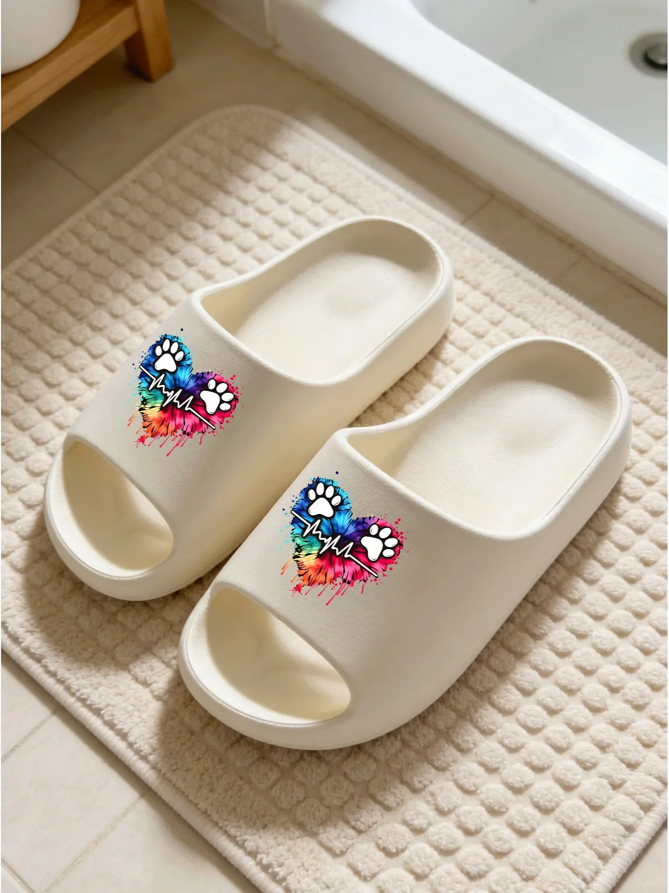 Rainbow Heart Paw Print Sandals, Cloud Pattern Eva Material, Casual Less Than Ankle Height, Medium Width, Pet Lover Style, Home Use
