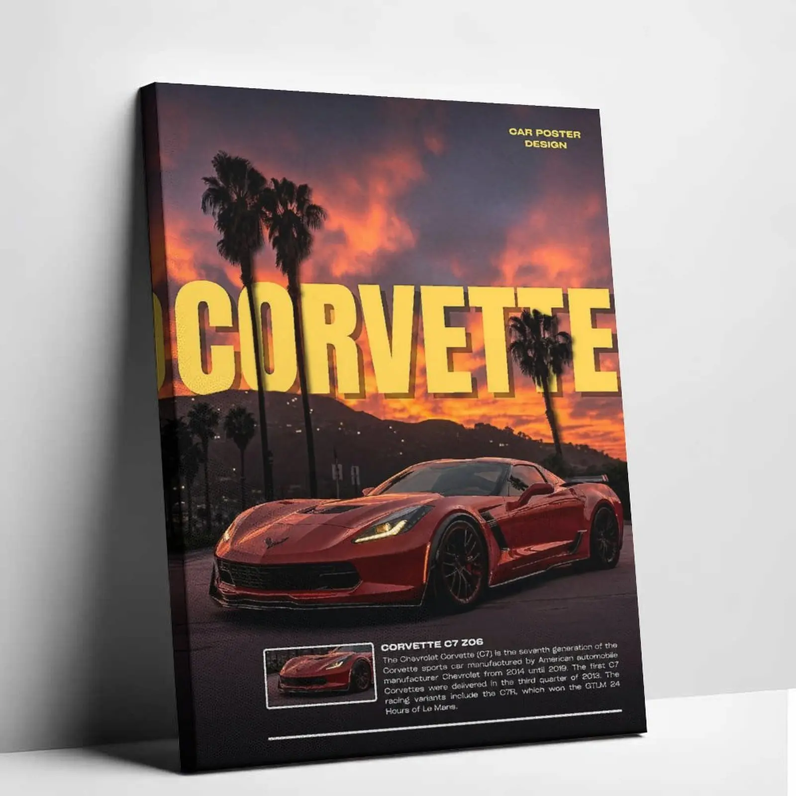American Muscle Car Canvas Wall Art Retro C7 Z06 Poster Sunset Palm Trees Aesthetic Print Painting Modern Supercar Pictures Decor for Apartment Living Room Garage Man Cave Car Post