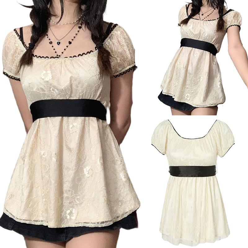 Women Long Tops, Patchwork Short Sleeve A-line Shirt Vintage Girl Lace Holiday Streetwear Women Long Tops, Patchwork Short Sleeve A-line Shirt Vintage Girl Lace Holiday Streetwear