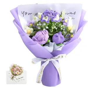 Mother’s Day Gift, YShomy Handmade Crochet Flower Bouquet with Carnation, Tulip & Rose, Graduation Gift, Birthday, Anniversary Gift for Her, Girlfriend, Mother, Wife, Friend, Includes Card, Purple Decorative, Handmade Gift