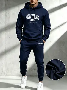 Men’s 2026 Fall/Winter new two-piece athletic set featuring a New York letter print hooded sweatshirt and 3D digital print casual outfit—versatile for everyday wear