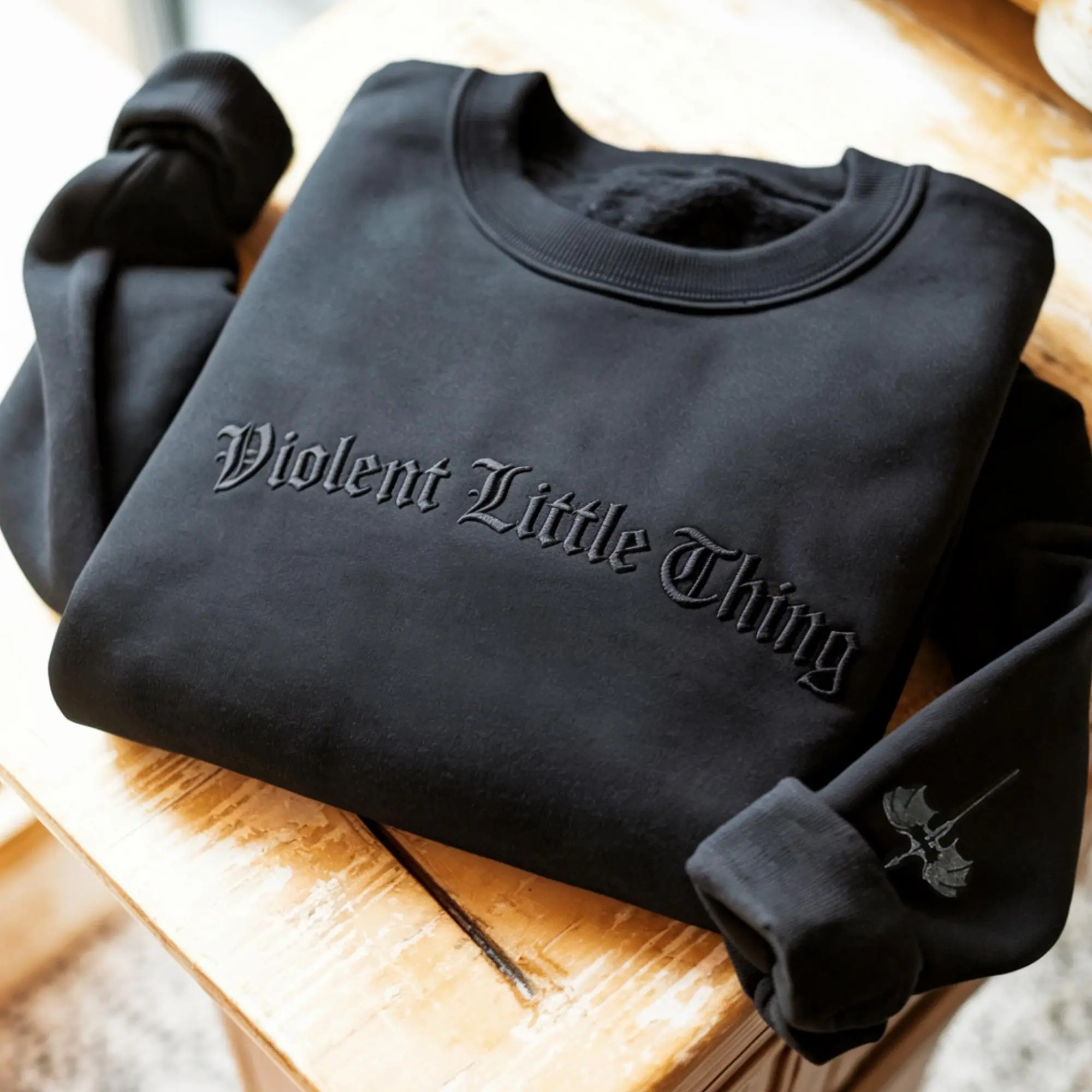 Embroidered "Violent Little Thing" Pullover Hoodie for Women, Cotton Blend Casual Top with Dragon Sleeves, Fourth Wing Fantasy Book Lover Gift, Tops, Style, Lady, Long Sleeve
