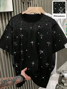 Men's Cool Shiny Rhinestone Star Cross Print Short Sleeve T-Shirt, Graphic Tees, Sparkling Diamond Decoration, Casual Breathable Summer Top, Street Style