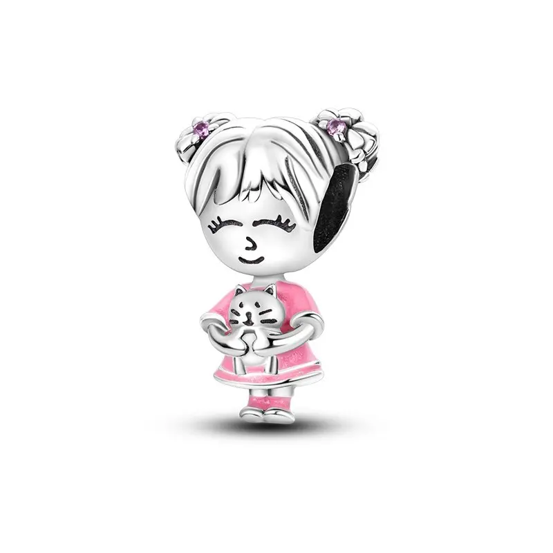 Cute Girl with Cat Charm Bead in 925 Sterling Silver for Bracelets, Hypoallergenic Anniversary Jewelry for Women, Charms & Pendants
