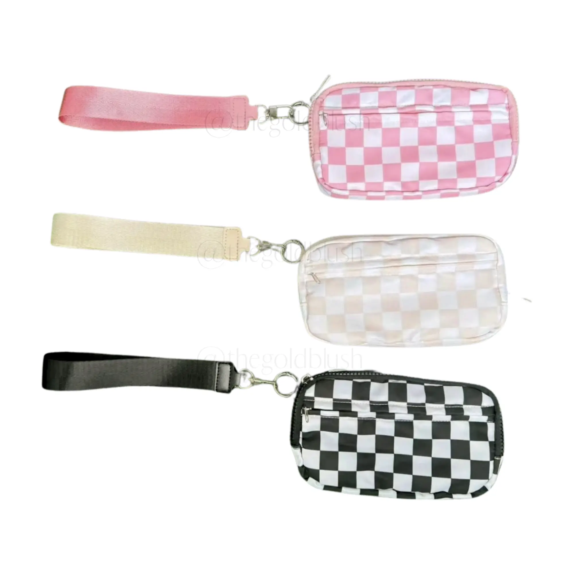 Nylon Phone Holder Wallet with Wristlet Strap by Gold Blush- Checkered Print Accessories Smartphone Cellphone Durable Zip Closure For Security great g