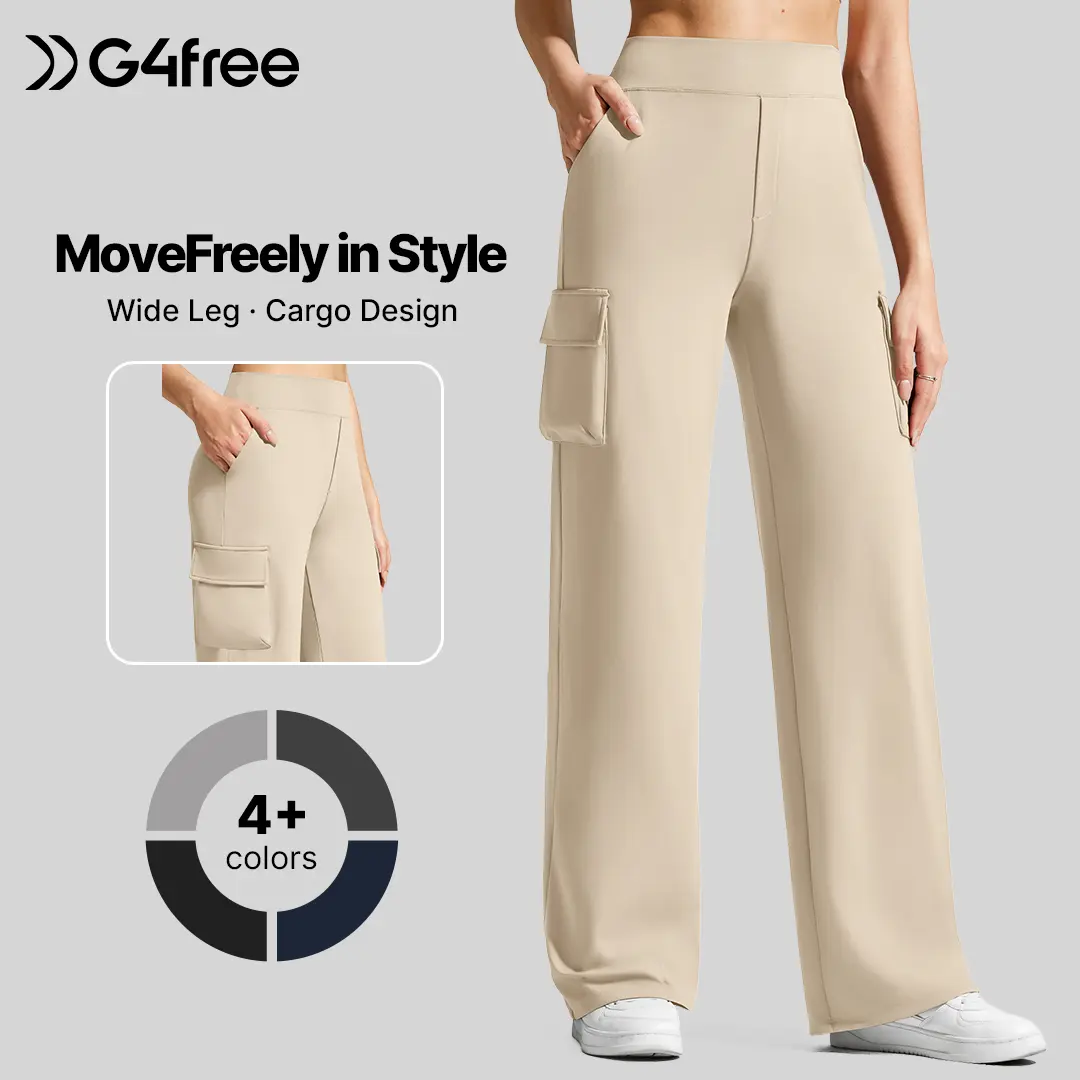 G4Free EverGoing Women's High Waisted Wide Leg Cargo Pants - 4 Pockets, Stretch, Basic Bottom, Casual Fashion Bottoms,#sohochic