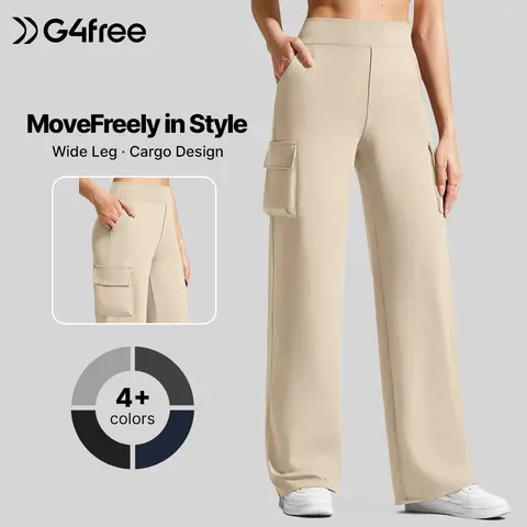G4Free EverGoing Women's High Waisted Wide Leg Cargo Pants - 4 Pockets, Stretch, Basic Bottom, Casual Fashion Bottoms,#sohochic
