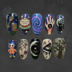Coraline Press On Nails, 3D Sculpted Movie Nail Set, 3D Other Mother x Black Cat Nail Art, Button Eyes & Secret Key Design