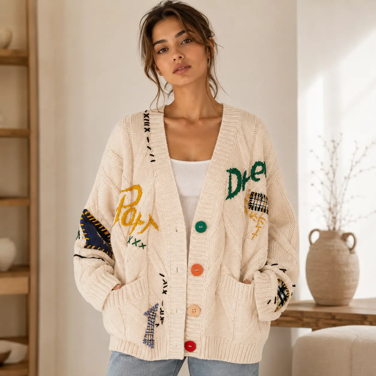 Womens Open Front Cardigan Cable Knit Long Sleeve Button Down Embroidery Cardigan Sweaters Knitwear Womenswear Tops Knitting Beige Casual Vneck Winter