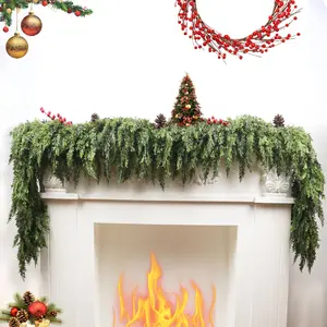 Artificial Cedar Garland 72" with 8 artificial pine cones - Decorative Plant for Home Party Wedding DIY Real Touch Pine Garlands Decorative Greenery Fruit