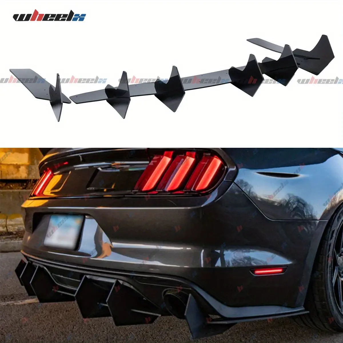 WHEELX V2 Style Gloss Black ABS Rear Bumper Diffuser for Ford Mustang 2015-2021, Vehicle-Specific Fit Lower Back Lip, Automotive Auto Replacement Body Frame & Bumper Parts Accessories