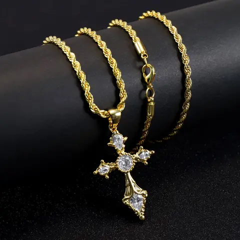 14K Gold-Plated Bling Double Cross Faith Necklace - Hypoallergenic Unisex Fashion Jewelry, Bold Look Classic Cross, Luxurious Appearance Chain and Link, Daily Versatile Chain for Daily Wear & Special Occasions