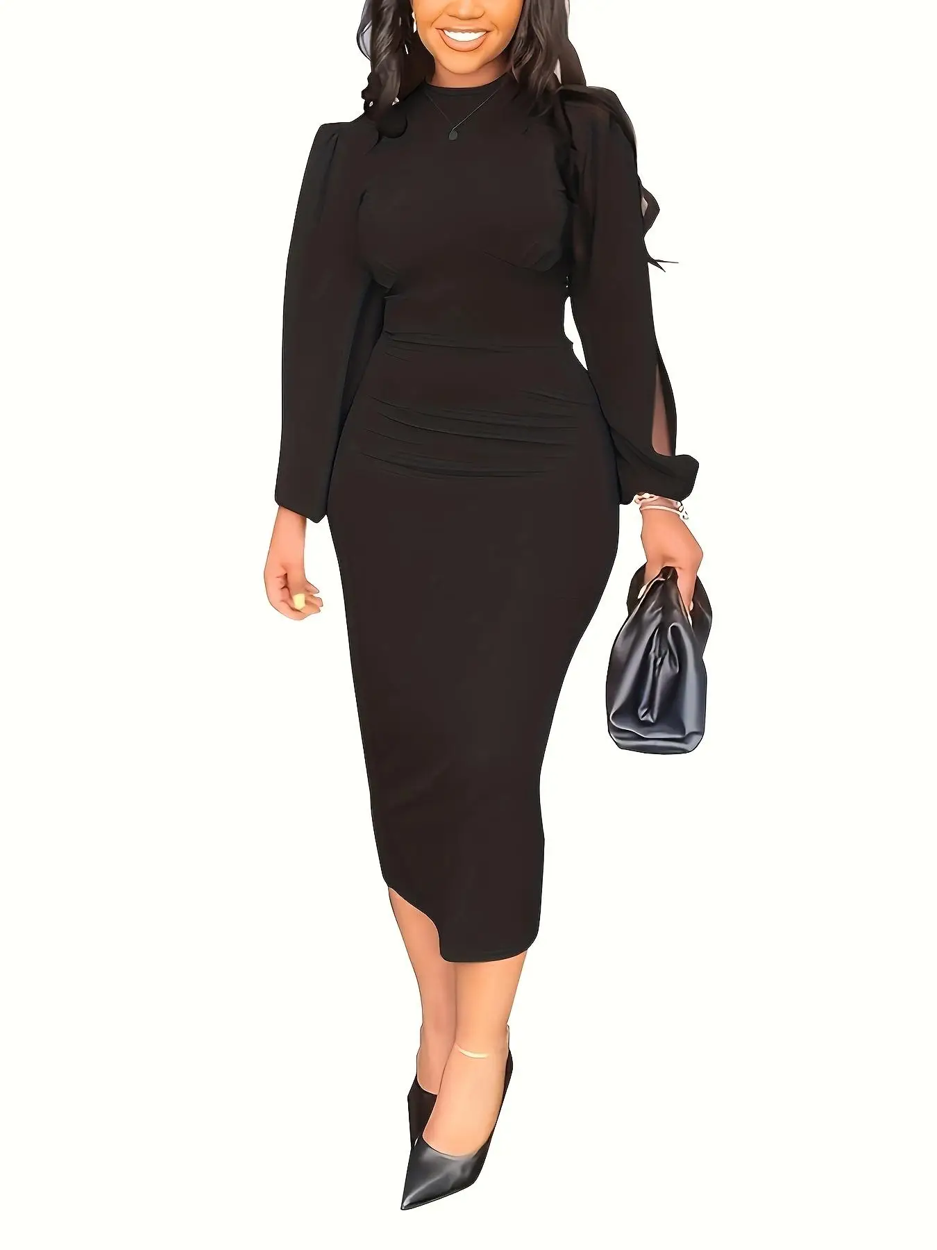 Women's Ruched Split Sleeve Bodycon Dress, Elegant Long Sleeve Mock Neck Dress for Daily Outdoor Wear, Ladies Dress for All Seasons