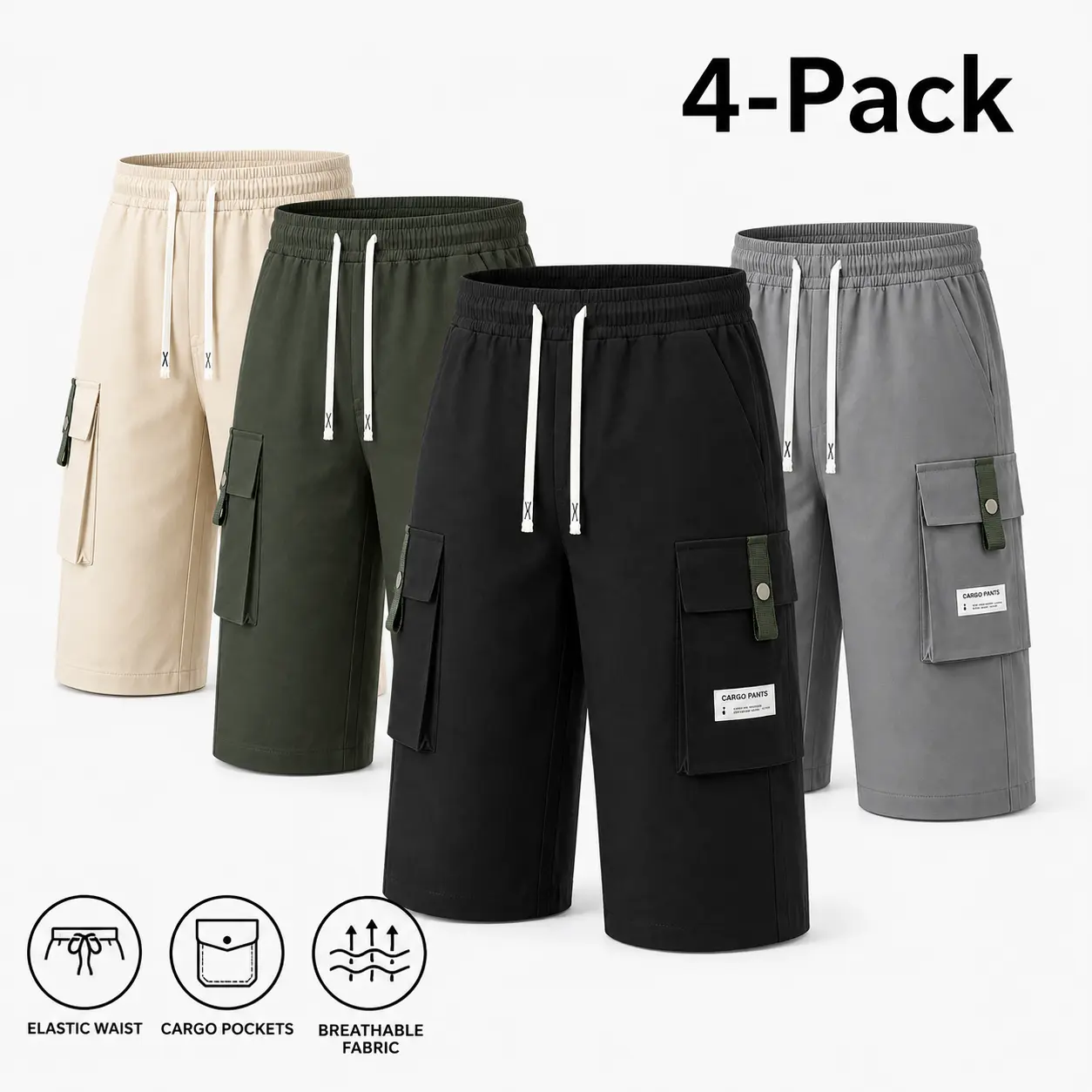Men's 4-Pack 3/4 Length Cargo Shorts with Drawstring Waist,  Summer Clothes，Multi-Pocket Casual Capri Pants for Men, Lightweight Comfort Fit Black Shorts, Gray, Khaki and Army Green, Summer Wear