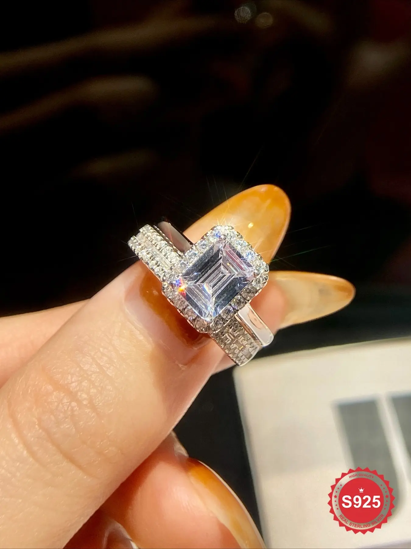 2 Pc/Set Luxury Rectangle Zircon Engagement Rings For Women Real S925 Sterling Silver Eternal Promise Wedding Ring Ladies Fine Jewelry Anniversary Gift Girlfriend Gift Birthday Gift Dating Gift Valentine's Day Gifts