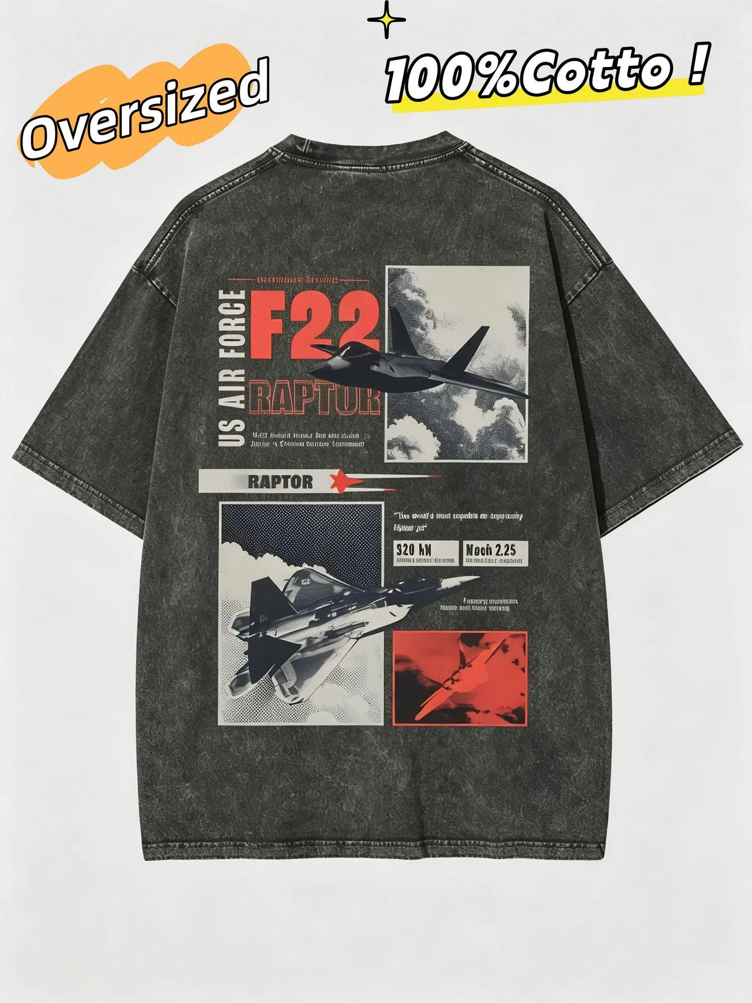 Men's Classic Oversized T-Shirt, Vintage Acid Washed 100% Cotton with Retro Jet Fighter Cloud Graphic, Loose Fit Streetwear for Aviation Enthusiasts, Cargo, Shortsleeve, Distressed, Fabric, Tops, Round Neck, Tee, Soft, Print, Casual, Natural, Outdoor