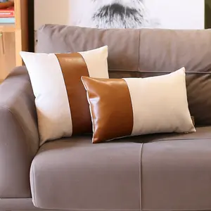 Boho Throw Pillow Brown Mixed Design Set of 2 Vegan Faux Leather Solid for Couch, Bedding