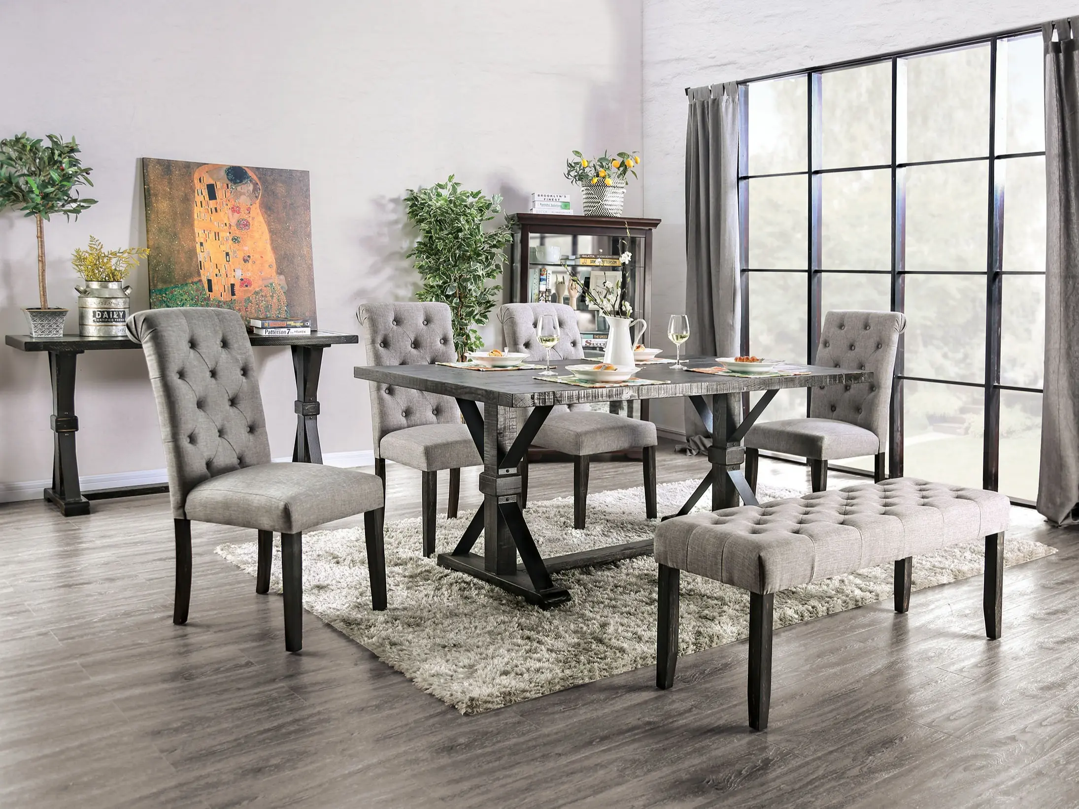 Alfred Rustic 6-Piece Dining Set with Trestle Table, Upholstered Chairs, and Tufted Bench – Perfect for Farmhouse-Inspired Spaces