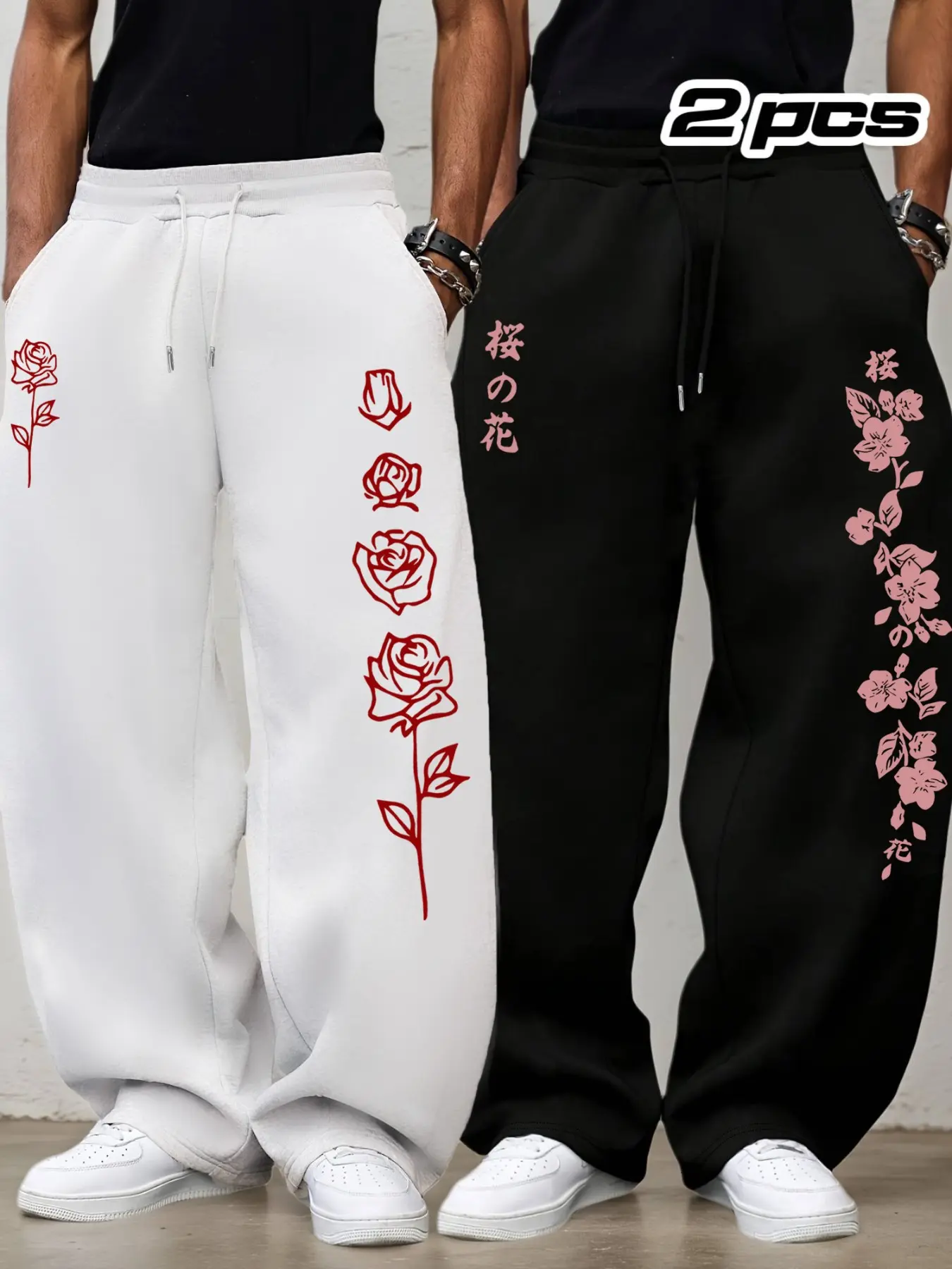 Men's Rose Sakura Print Loose Drawstring Sports Pants 2 Pack, Adjustable Waist, Outdoor Fitness Long Pants, Casual Straight Leg, Floral Print Casual Fashion Athleisure Style Sweatpants, Casual Comfy Sweatpants, Athleisure Bottoms