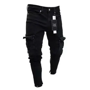 Men Slim Biker Ripped Long Denim Trousers Skinny Jeans pocket Young Man Jogging Pants Destroyed Stretchy-Black Pants new fashion