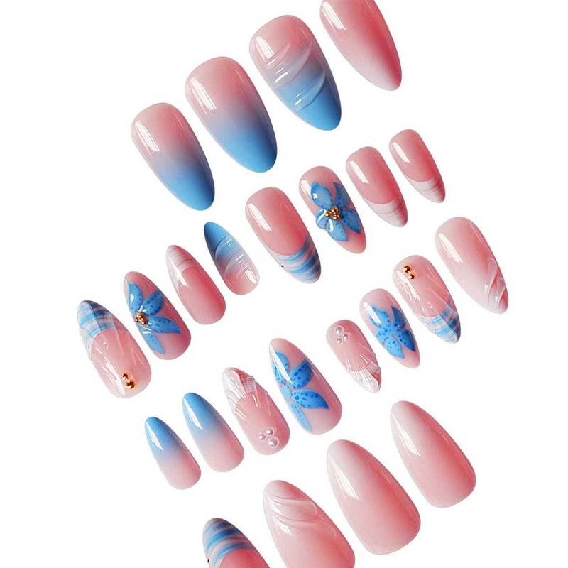 24pcs Almond Press-On Nails, Glossy Blue Gradient Design, Starfish Shell Flower Decorations, Easy Apply Nail Art Set for Women & Girls Gift