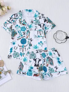 2-piece women's Animal printed pattern short sleeved shorts top with small pockets elastic waistband, seasonal home daily casual women's sleepwear set, Pajama set, Loungewear, Pyjamas