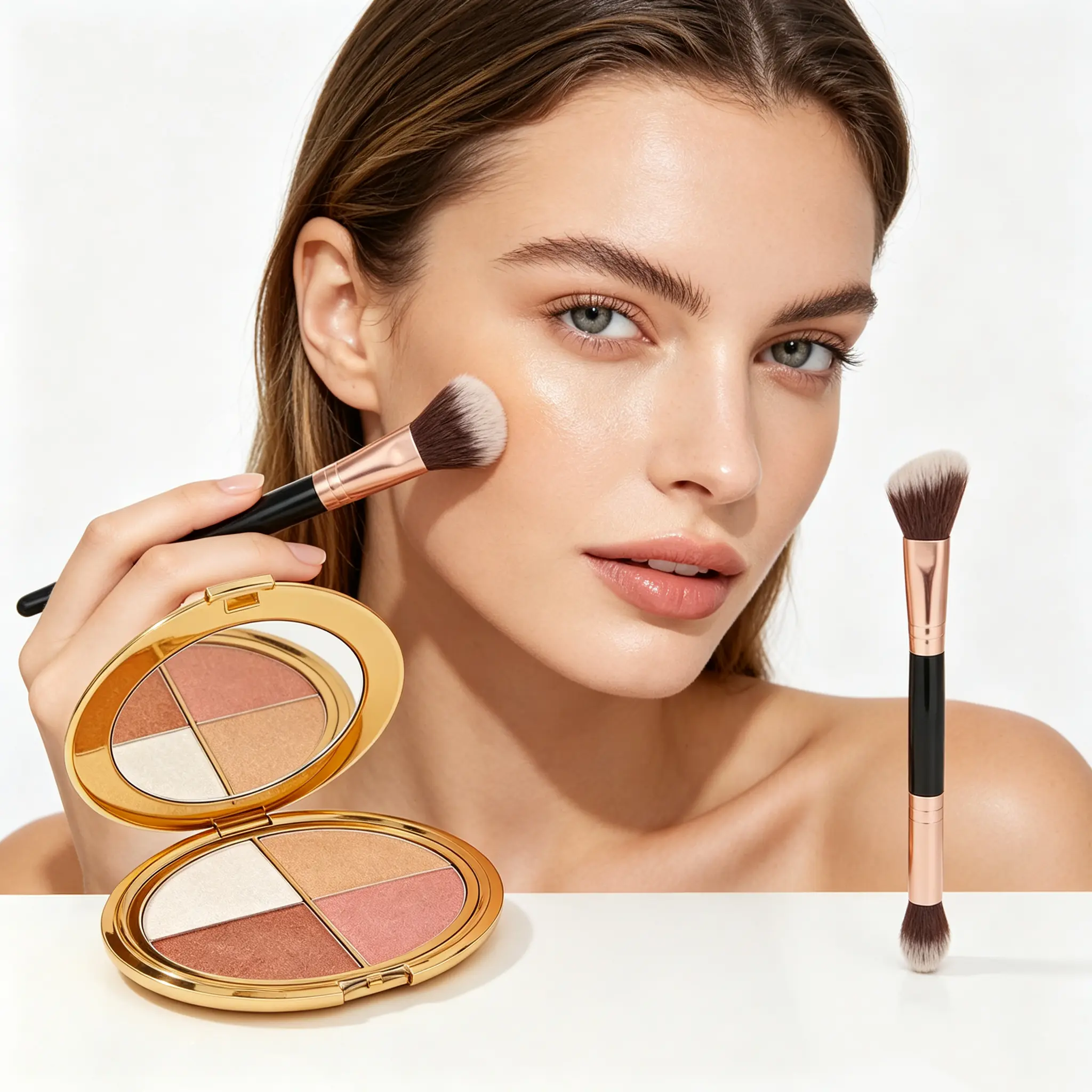 Women's Highlighter & CheekPaletteGlowjiuHighlighter&Cheek Palette with Brush, a 4-in-1Multi-FunctionalMakeupPalette S forHighlighter,Eyeshadow, Blush,Contouring, andFoundation