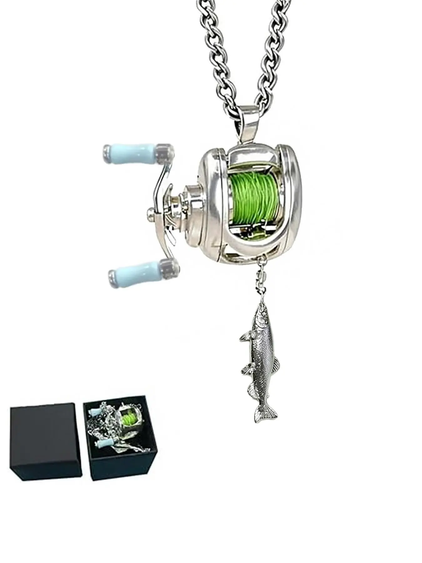 Mini Fishing Reel Necklace, Stainless Necklace, Fishing Jewelry, Fishing Accessory, Fishing Pendant, with Rotating Handle and Removable Line Ring, Portable Spinning Wheel Keychain, Gift for Fishing Enthusiasts, Miniature, Durable
