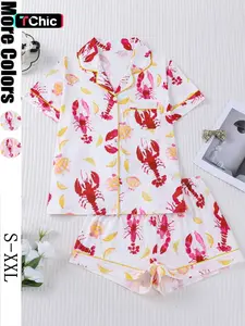 Women's Sleepwear Set, Short Sleeve Lapel Button Soft Top & Elastic Shorts, Casual Home Wear, Comfortable Daily, Pajama Set