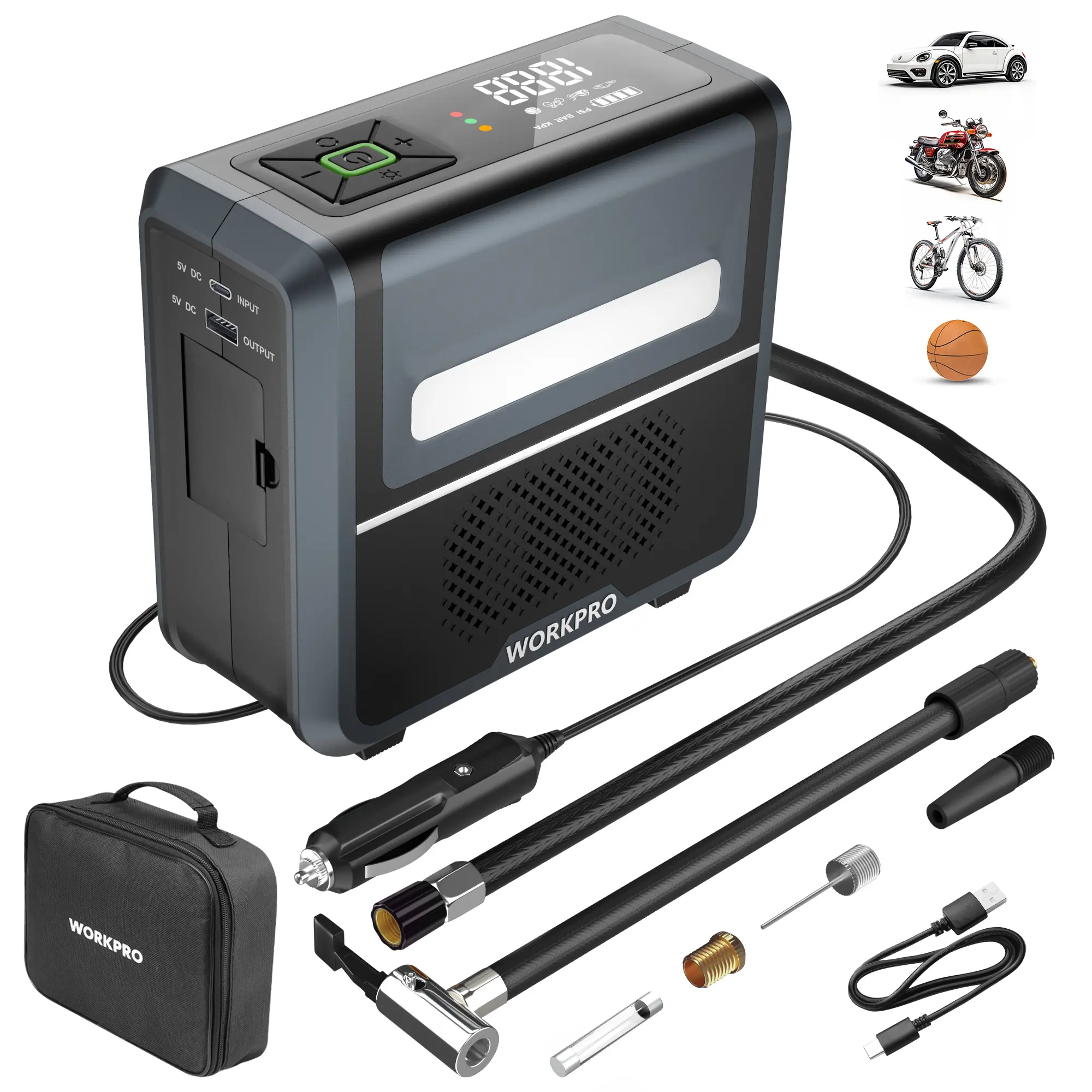 #fathersdaygift WORKPRO Tire Inflator Portable Air Compressor-12V Portable Air Pump for Car Tires with 7500mAh Battery-150PSI Air Compressor for Car-3-in-1 Tire Pump Air Pump for Inflatables with Dual Power Supply