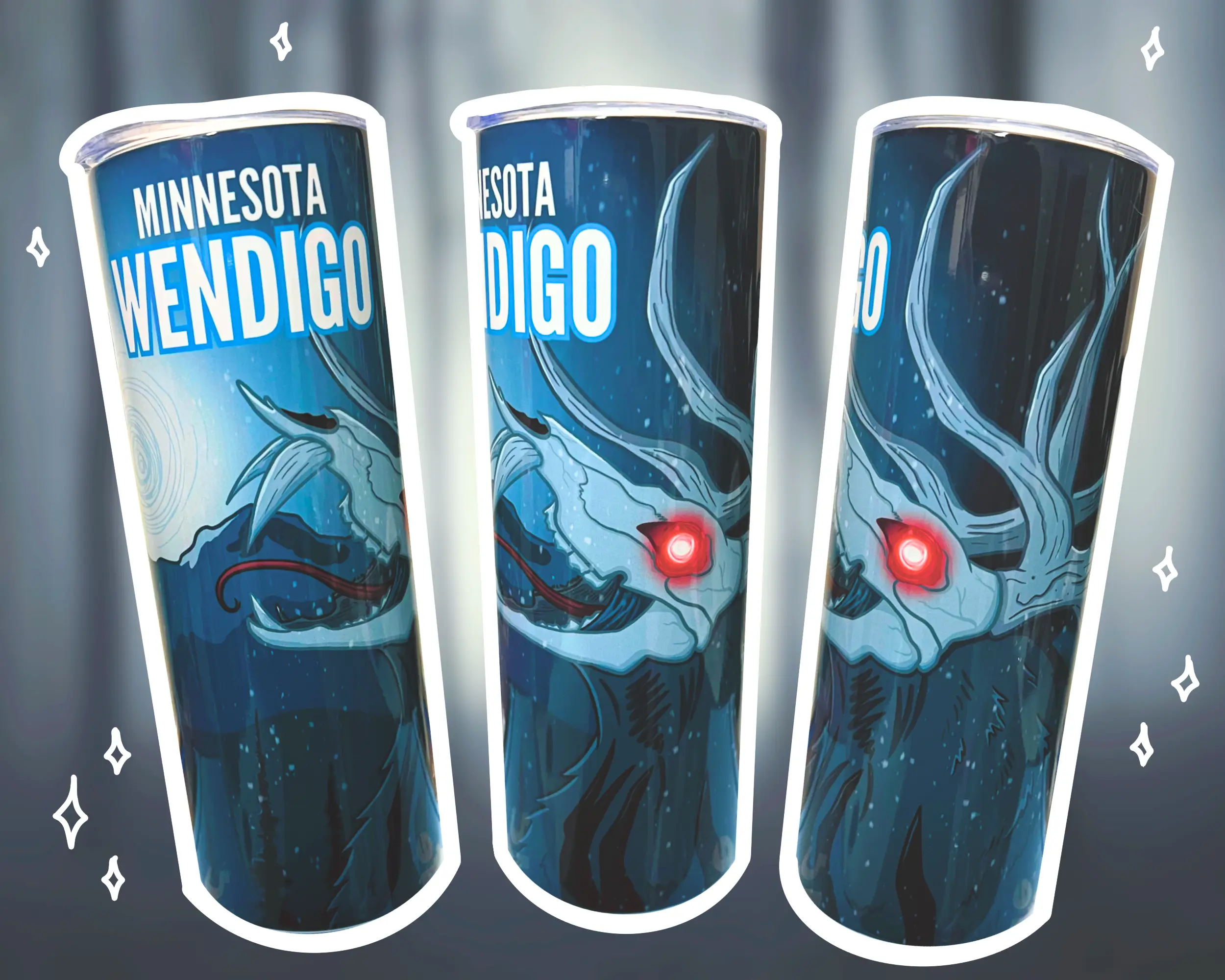 Cryptid Collection: Minnesota Wendigo 20oz Skinny Tumbler, Cryptid Tumbler, Blue and White Insulated Tumbler