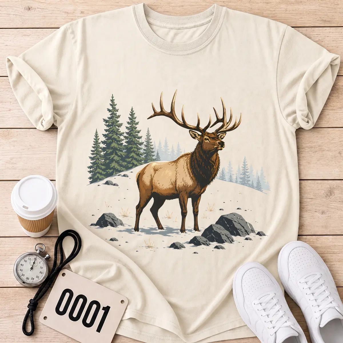 Majestic Elk Graphic Forest Scene, Woodland Hunting Design | Men's Heavyweight Shortsleeve Cotton Fabric T-Shirt - Relaxed Fit, Comfort Colors, Vintage Hobby Jogger Top, Gym-Appropriate Gift for Runners