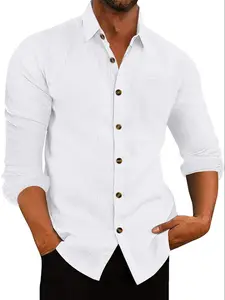 Men's Linen Shirt, Menswear Casual Fashion Long Sleeve Button Front Collar Pocket Design, Comfortable Breathable All Season Wear, Casual Clothes