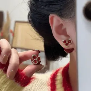 Ankole Red Flower Bead Stud Earrings for Women, Light Luxury Elegant New Year Jewelry DZEH4832