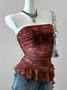 Vintage Gradient Floral Halter Top, Sexy Sheer Mesh Drawstring Waist, Adjustable, Short Ruffle Vest, Y2K Streetwear, Party