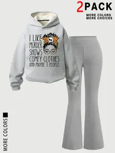 Women's Thick Warm Hooded Sweatshirt & Comfortable Flared Pants Set, Casual Fashion Letter Print, Perfect Gift for Mom & Aunt