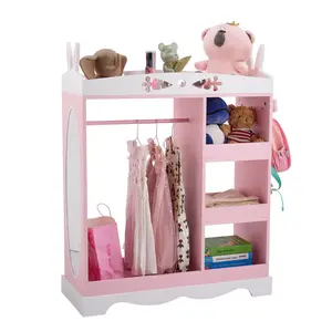 Pink Childrens Wardrobe with Mirror for Girls Bunny Ear Design Toddler Closet Storage Cabinet 3 Shelves and Hanging Rod for Bedroom