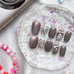 Personalized Press On Nails | Gray and Nude Nails | Glitter Accent Nails | Rhinestone Pearl Charm Nails | Elegant Luxury Nail Art Set