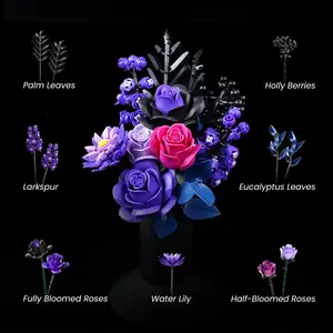 Enchanting Purple Rose Botanical Building Block Set - Gothic Decor Artificial Flower Bouquet for Valentine's Day Gifts