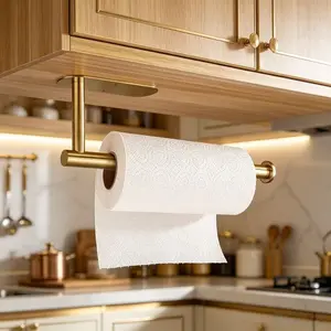 A golden wall-mounted tissue holder, hygiene shelf, small space storage rack, durable and convenient, paper towel dispenser, stainless steel roll holder, home storage rack for kitchen and bathroom, household supplies