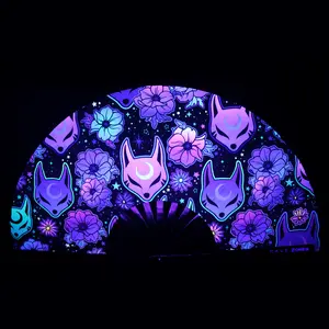 Kitsune Flower UV-Reactive Hand Fan | Foldable Bamboo Ribs | Premium Polyester Fabric | Matching Holster Available Decor Light Lightweight Accessory Foldable Wooden Foldable Wooden Cooling Foldable Wooden Cooling Foldable Cooling Wooden