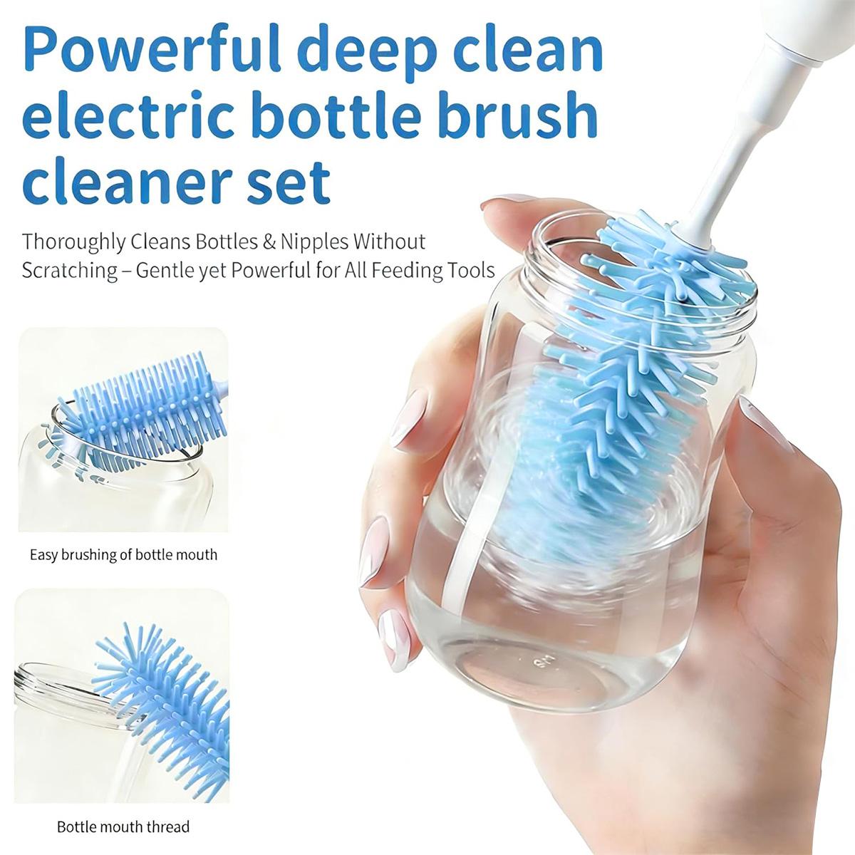 Rechargeable Electric Baby Bottle Brush Set, Waterproof Cleaner with Dual Modes, Comes with Nipple Straw Brush and Drying Rack