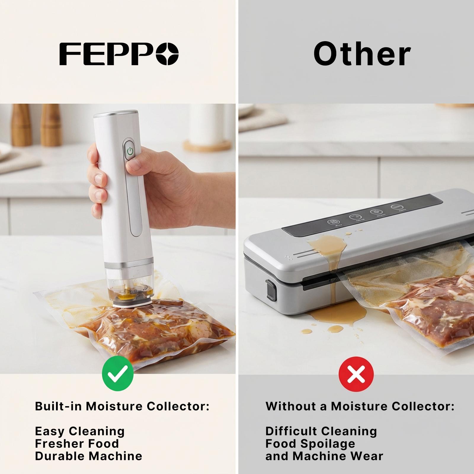 FEPPO Vacuum Sealer for Food with Visible Water Tank, 30 Reusable Bags Powerful Suction, Handheld Rechargeable Saver, 6X Preservation & Fresh, Auto Stop, Sous Vide & Meal Prep