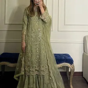 Pakistani Style Georgette Embroidery Sequin & Moti Work Top Palazzo Set with Dupatta | Party & Wedding Wear