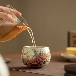 2pcs Elegant Vintage Chinese Ceramic Teacups with Golden Peony Pattern - Suitable for Home & Office Use, Traditional Kung Fu Tea Ceremony Cups, Hand Wash Only, Zen Tea Set Gift for Tea Lovers, Suitable for Hot//Cocoa