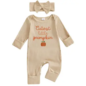Newborn Baby Girl First Halloween Outfit Little Pumpkin Long Sleeve Romper Ribbed Bodysuit Jumpsuit Clothes Headband