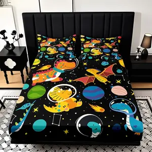 2/3pcs Dinosaur Space Adventure-Themed Fitted Sheet Set(1*fitted Sheet+1/2*Pillowcase,No Filling)Soft Comfortable Bedding SetSuitable For All Seasons,Machine Washable,Perfect Gift Christmas New Year